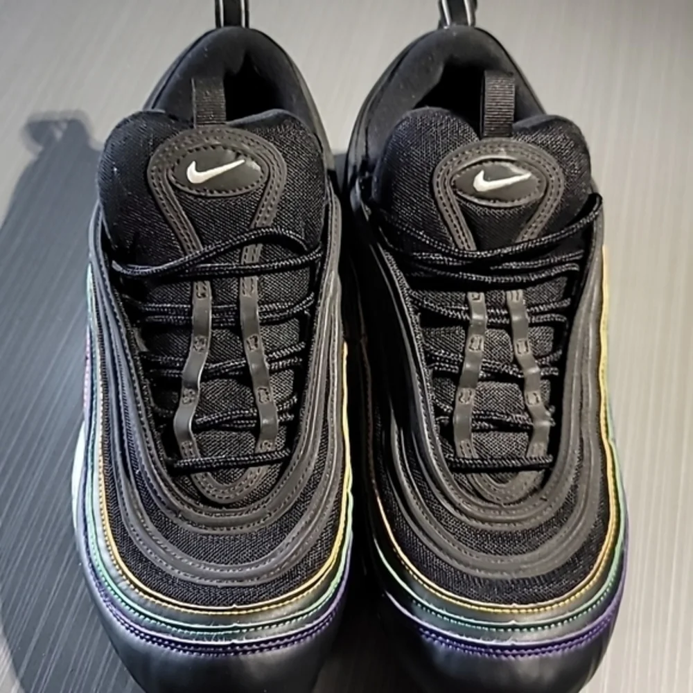 Nike Air Max 97 Black Leather&Mesh W/ Yellow/Green/Purple/Red Stitch Wo…‎